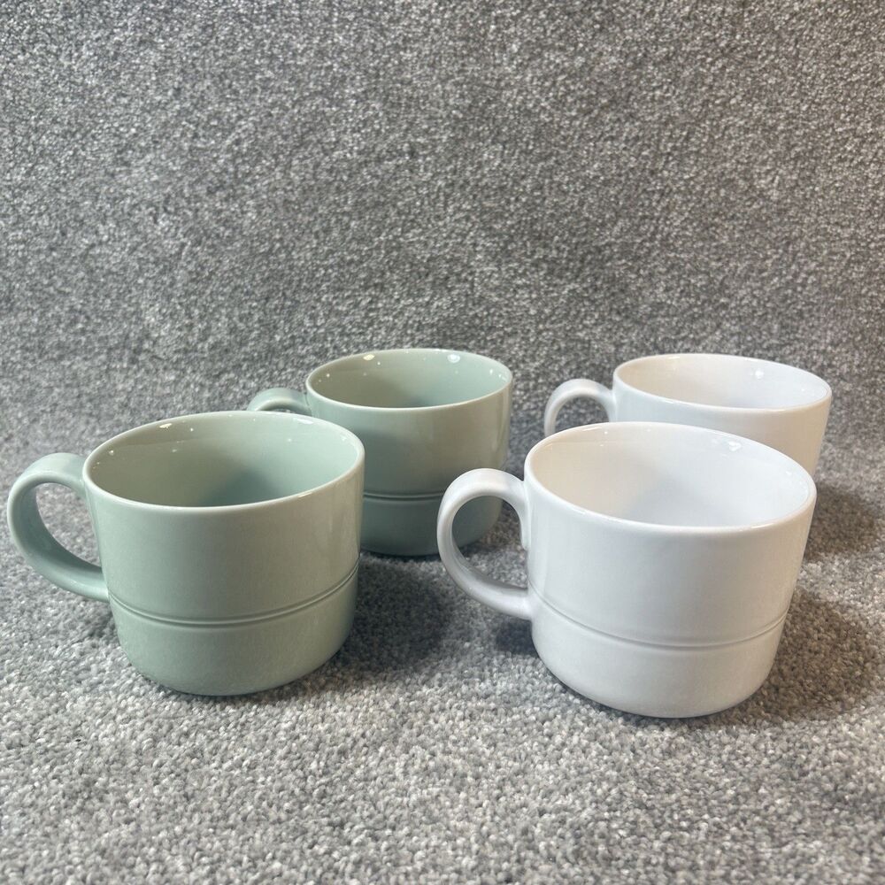 Crate & Barrel White Green Coffee Mugs 672-997 Lot of 4 Coffee / Tea Mugs